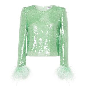 Self-Portrait Mint Green Sequin and Feather Long Sleeve Top